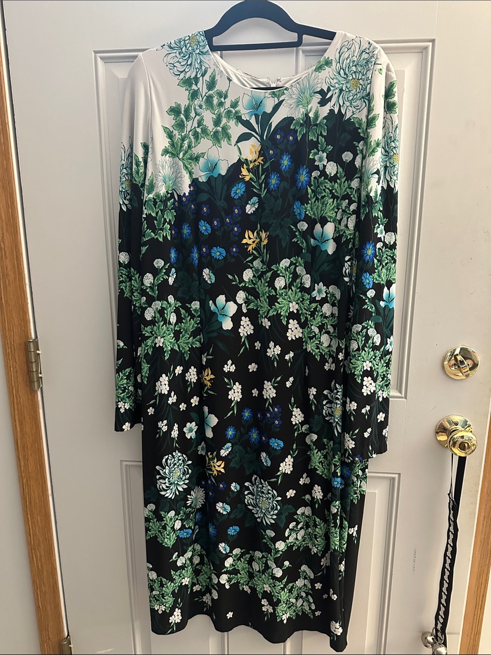 Maggy London Black Floral Long Sleeve Midi Dress with Green and Blue Accents